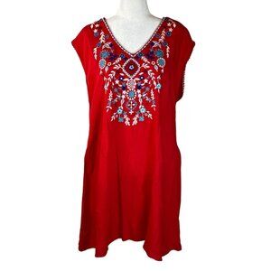 Shoreline Red Embroidered Boho Dress XL Sleeveless Rayon Tunic Festival Tie Back